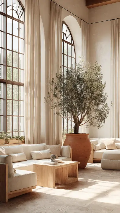 Minimalist lobby design in neutral tones, wooden furniture, olive tree and natural lighting