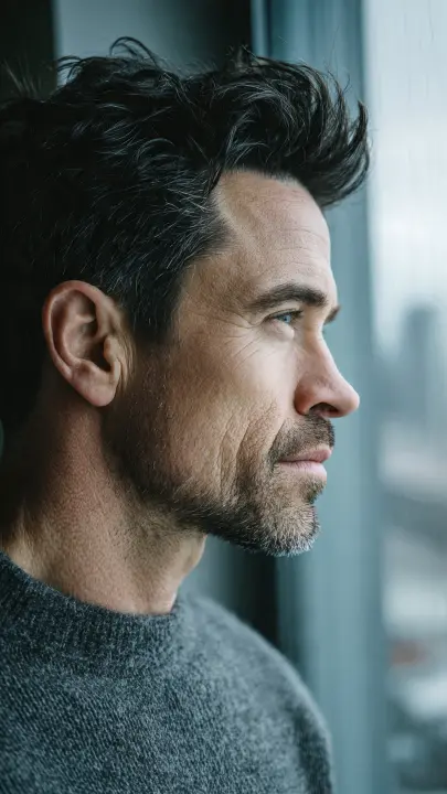 Young male model with modern hair, wearing gray sweater, looking out the window