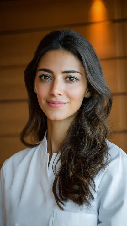 Professional female doctor or health specialist portrait in white coat, holding tablet
