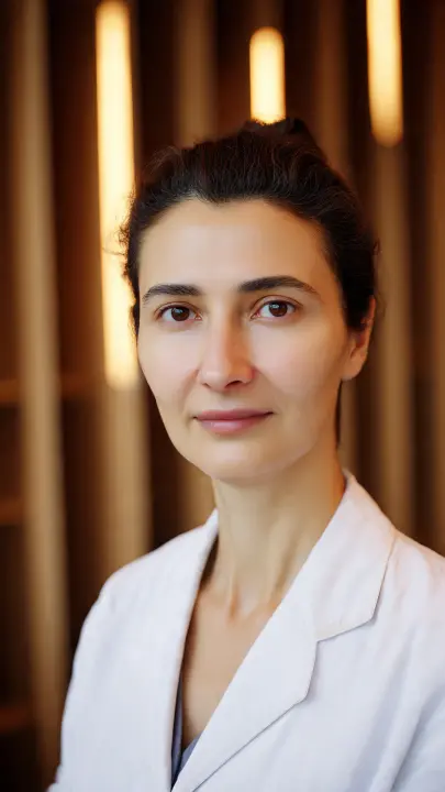 Professional female doctor or health specialist portrait in white coat, holding tablet